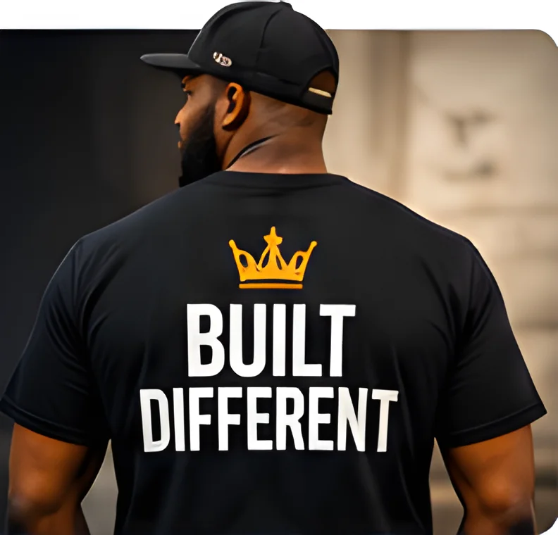 Man wearing a black t-shirt printed with a gold crown and BUILT DIFFERENT